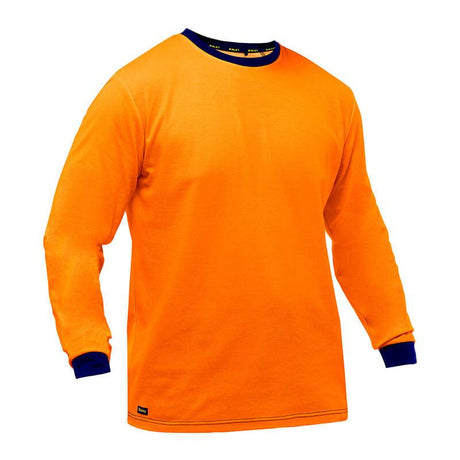 PIP Bisley Non-ANSI Long Sleeve Shirt 310M6118 by Protective Industrial Products is an orange shirt with navy blue cuffs and collar, enhanced with Fresche antimicrobial treatment to maintain freshness.