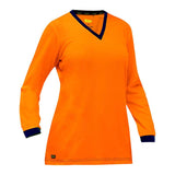 The PIP Bisley Non-ANSI Women's Long Sleeve Shirt 310W6118 from Protective Industrial Products is designed with an orange color scheme, featuring a dark blue trim on the V-neck and cuffs. It includes an antimicrobial treatment for enhanced freshness and has a visible label inside the collar, combining style with practicality.