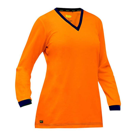 The PIP Bisley Non-ANSI Women's Long Sleeve Shirt 310W6118 from Protective Industrial Products is designed with an orange color scheme, featuring a dark blue trim on the V-neck and cuffs. It includes an antimicrobial treatment for enhanced freshness and has a visible label inside the collar, combining style with practicality.