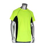 A mannequin presents the PIP Short Sleeve T-Shirt w/50+ UPF & Insect Repellent 310-950B by Protective Industrial Products, in a vibrant neon green color with black side panels. Combined with blue jeans, it is set against a plain white background, offering an ideal choice for sunny days.