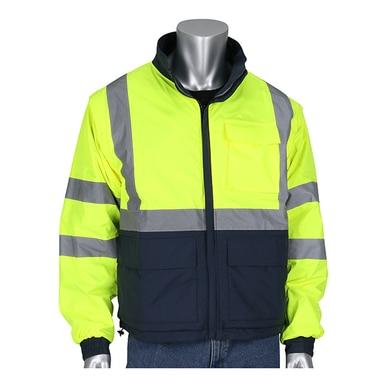 A mannequin wears the PIP Black Label 4-in-1 Reversible Windbreaker 333-1500-R by Protective Industrial Products, featuring a vibrant yellow color with reflective gray stripes and black lower sleeves with pockets, effortlessly paired with blue jeans.