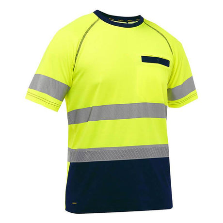 The PIP Bisley Short Sleeve T-Shirt w/Navy Bottom 312M1118T by PIP - Protective Industrial Products is a high-visibility garment featuring fluorescent yellow and navy blue colors, with reflective gray stripes across the chest, arms, and waist. Crafted from performance wicking fabric, it includes a small chest pocket with tab detail and meets ANSI Type R Class 2 standards.