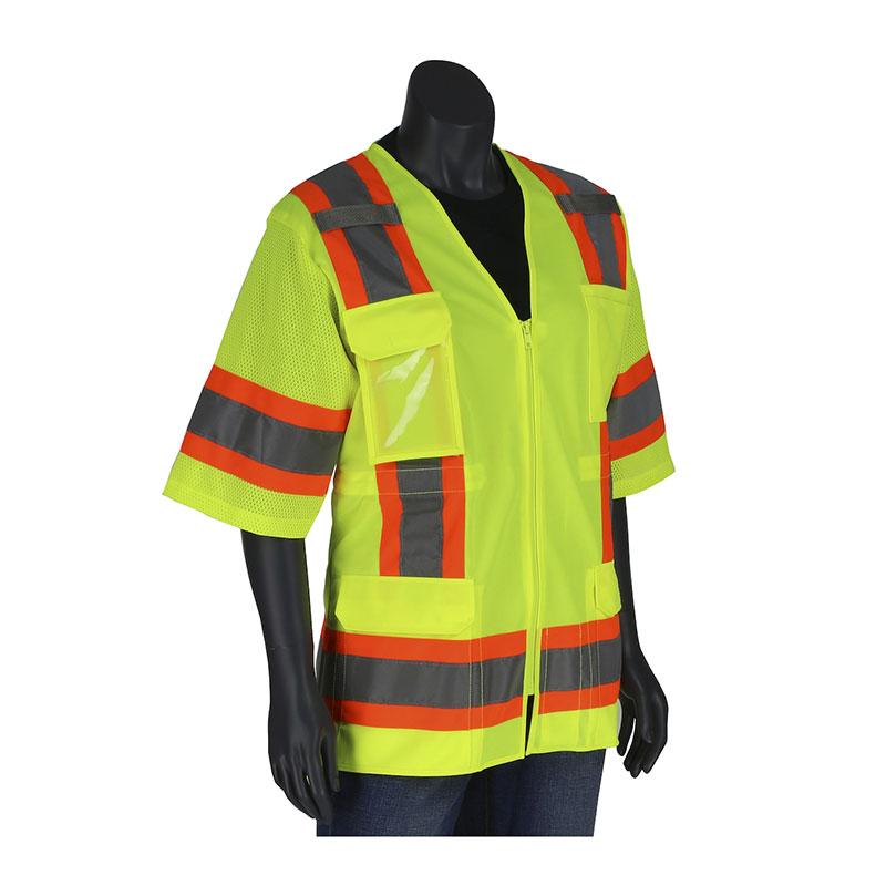 A mannequin is dressed in the PIP ANSI Type R Class 3 Women's Contoured Two-Toned Vest 303-0513 by PIP - Protective Industrial Products, featuring high visibility with a bright yellow color and reflective silver and orange stripes. This short-sleeve vest comes with eleven pockets, providing both functionality and style for surveyors.