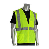 A mannequin is showcasing the PIP Type R Class 2 Two Pocket Zipper Mesh Vest 302-0702Z-LY, manufactured by PIP - Protective Industrial Products. This ANSI Class 2 compliant safety vest is crafted from breathable mesh and sports a vibrant yellow color with silver stripes over a black shirt. It also features a front zipper and pockets for added functionality.