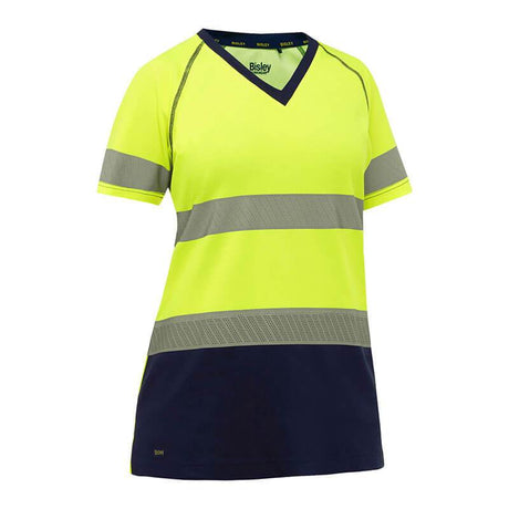 The PIP Bisley Women's Short Sleeve T-Shirt w/Navy Bottom 312W1118T, designed by Protective Industrial Products, is a high-visibility women's t-shirt. This bright yellow hi-vis apparel features reflective silver bands across the chest and waist with a dark navy bottom section, meeting ANSI Class 2 standards for optimal safety and visibility.