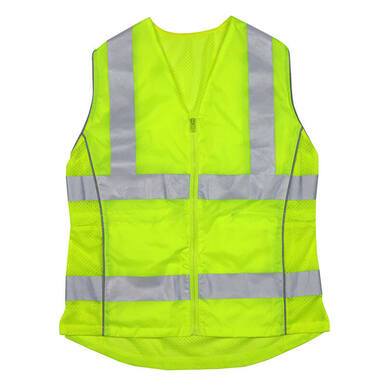 Introducing the PIP ANSI Type R Class 2 Woman's Contoured Vest 302-0312 from Protective Industrial Products, this vibrant yellow vest is crafted for both safety and style. It features silver reflective tape strategically placed on the shoulders, chest, and waist to maximize visibility. The front zipper makes it easy to wear while ensuring you remain highly visible in various environments.