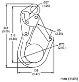 Technical drawing of a French Creek Steel Locking Rebar Snaphook Z136 by French Creek Production with various dimensions labeled. Measurements are provided in millimeters and inches, detailing specific points like length, width, and diameter of sections. It complies with ANSI Z359 standards for safety and reliability.