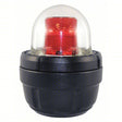 The RKI Instruments Strobe Light, Red, 24 VDC (Class I, Div 1) Pendant Mount, is robustly constructed as a red strobe light housed within a clear dome on a black base, making it ideal for hazardous locations.