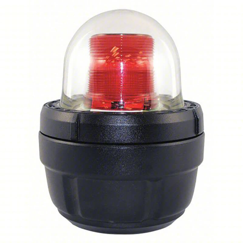 The RKI Instruments Strobe Light, Red, 24 VDC (Class I, Div 1) Pendant Mount, is robustly constructed as a red strobe light housed within a clear dome on a black base, making it ideal for hazardous locations.