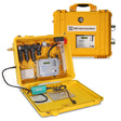 A GfG Compressed Air Monitoring System 9025-XPS with a yellow protective case. The open case reveals various components, including a digital screen for carbon monoxide measurement and tubing. The brand "GfG" is visible on the case.