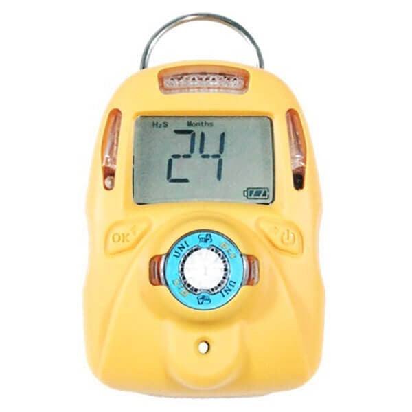 The mPower UNI 321 MP102 2 Yr H2S Single Gas Detector M015-0002-000 from mPower Electronics is a yellow handheld device that serves as a single gas monitor. It features a digital display showing "24" alongside a battery icon, and includes symbols beneath the screen on a dial. There are two buttons labeled "OK" and another symbol, designed for maintenance-free operation.