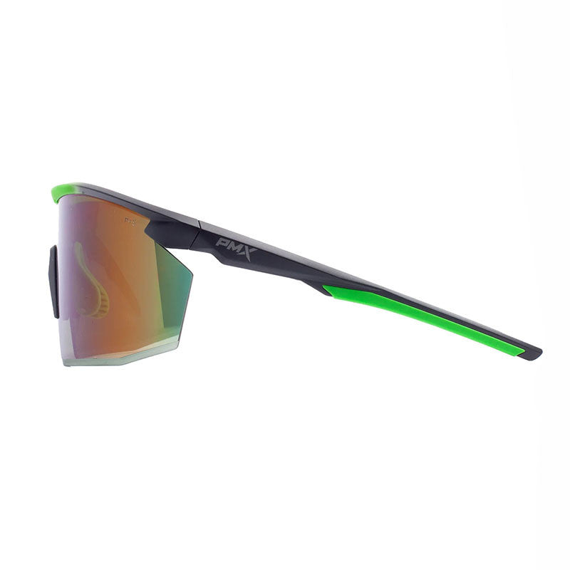 Side view of the Pyramex Safety PMXSPEC Green Mirror Safety Glasses, showcasing a sleek black frame with neon green accents. The anti-fog lenses feature a reflective, rainbow-tinted finish, offering a modern and dynamic design.