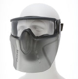 A mannequin head models the MCR Safety Hydroblast HB4 Goggle and Face Shield, featuring a sleek, futuristic design with anti-fog integrated goggles. The gray face shield covers the lower half of the face while the dark-framed goggles form a seamless protective appearance similar to a combined goggle and face shield.