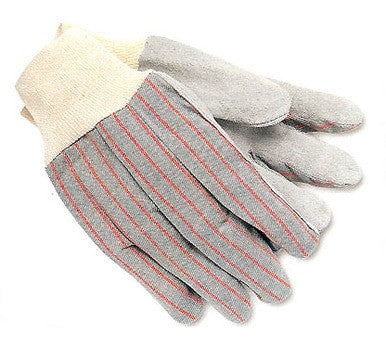 The MCR Memphis Economy Leather Palm Work Gloves 1040, offered by MCR Safety and available in packs of 12 pairs, feature a combination of grey and red-striped fabric with a beige knit cuff. These gloves are designed for protective use, making them an ideal choice for ensuring safety during tough tasks.