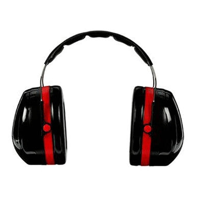 The 3M Peltor H10A Ear Muffs, produced by 3M, are black over-ear earmuffs, enhanced with comfortable red accents on the headband and ear cups, engineered for noise reduction and set against a white background.