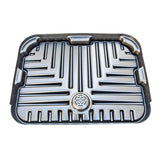 The UltraTech IBC Funnel 0648 by UltraTech International is a rectangular metal oil pan with raised grooves and patterns, boasting a shiny surface and slightly elevated edges for containment. It includes a circular drain plug at the center of the bottom, providing enhanced chemical resistance to ensure durability and reliability in various applications.