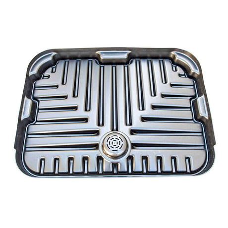 The UltraTech IBC Funnel 0648 by UltraTech International is a rectangular metal oil pan with raised grooves and patterns, boasting a shiny surface and slightly elevated edges for containment. It includes a circular drain plug at the center of the bottom, providing enhanced chemical resistance to ensure durability and reliability in various applications.