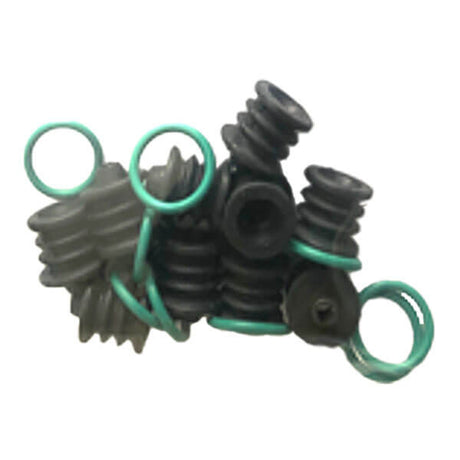 A small cluster of mPower NEO MP18X Spring Gasket & O-Ring M011-3031-000-SRP components, each featuring bright green O-rings wrapped around black screws, sits against a plain white background, capturing the essence of precision engineering from mPower Electronics.