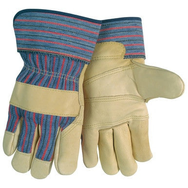 The MCR Safety Economy Patch Leather Palm Gloves 1931L, from MCR Safety, are designed with a combination of beige cowhide leather and blue fabric adorned with red stripes. These gloves include reinforced palms and safety cuffs to provide durability and robust protection for hands during heavy-duty tasks.