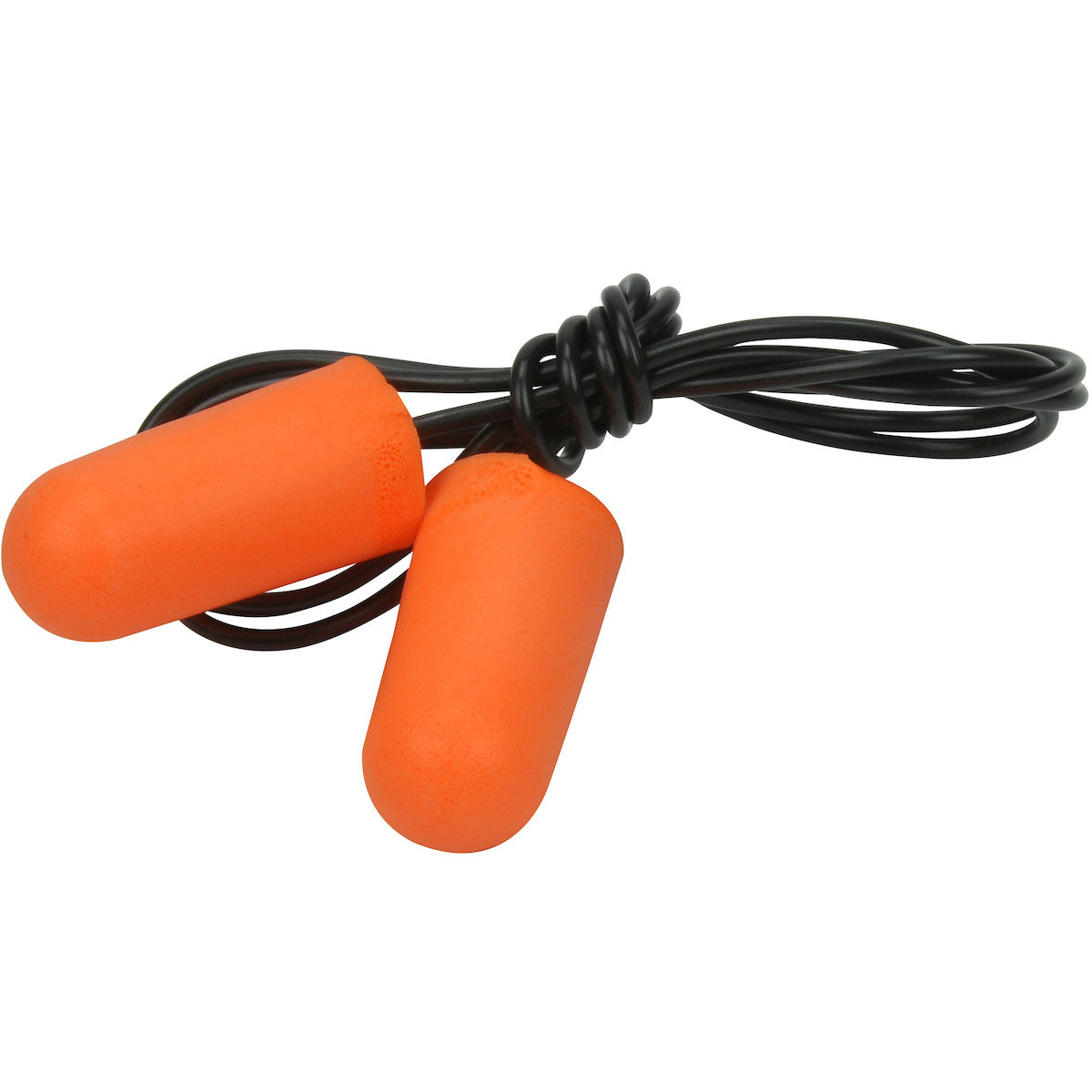 The PIP Mega Bullet Soft Foam Corded Ear Plugs 267-HPF210C, by Protective Industrial Products (PIP), are orange earplugs made from soft polyurethane foam. They are connected by a black cord and offer NRR 32 protection, showcased against a white background.