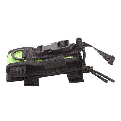 The PIP Tool Tethering Utility Pouch 533-300201, in a sleek black and green color scheme, offers adjustable straps with a buckle closure. It includes a side handle, several attachment loops, and a modular design for convenient tool tethering. This item is manufactured by PIP - Protective Industrial Products and comes in cases of six.