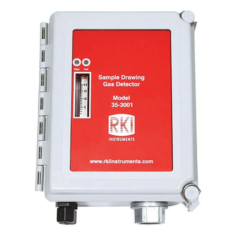 The image shows an RKI Instruments 35-3001 CO Direct Connect gas detector with a transmitter, model number 35-3001-04. The device features a gray body with a red front panel, housing a display and connection ports on the sides and bottom, all encased in a sturdy NEMA 4X enclosure.