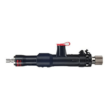 The RKI Instruments RKI GX-6000 for Benzene Multi-Gas 72-6AZX-C is a black industrial tool with a cylindrical body. It features metal connectors on one end and a knurled segment on the opposite end. This PID sensor is equipped with benzene detection capabilities and includes a red tab on top for handling or additional functionality.