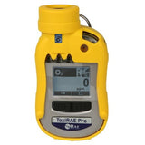 A yellow RAE Systems ToxiRAE Pro HCN Single Gas Detector (Model G02-B710-100) with wireless access shows "O2" and "0 ppm" on its screen. It boasts a rugged design, complemented by buttons situated below the display for effortless navigation.