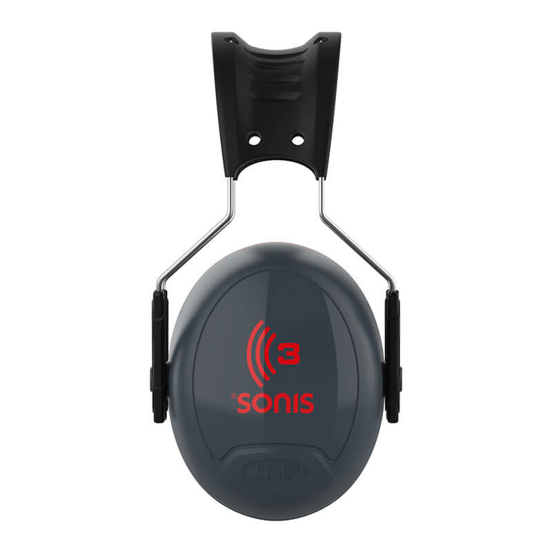 These noise-canceling ear muffs, branded with "Sonis" and "3" in red on the cups, offer effective passive ear protection with an NRR 31 rating. The black adjustable headband ensures a comfortable fit, making them ideal for superior hearing protection. This product is the PIP Sonis 3 Full Brim Mounted Passive Ear Muff 262-AEB040-FB from Protective Industrial Products (PIP).