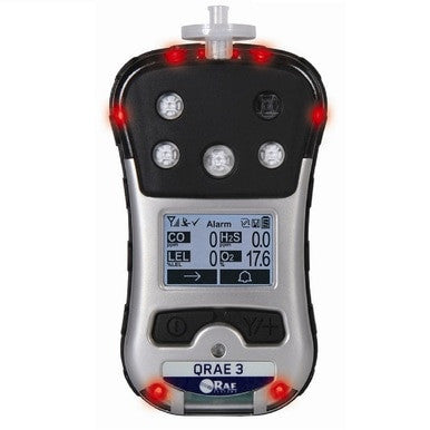 The RAE Systems PGM-2500 QRAE 3 Wireless Diffusion Multi-Gas Monitor M020-21211-111, a product by RAE Systems, features a digital screen that displays levels of CO, H2S, and O2. This black-and-silver device is equipped with several buttons and red indicator lights around its edge, providing reliable gas detection for enhanced safety.