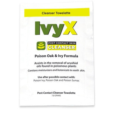 A box of Coretex IvyX Cleanser towelettes, designed for use after contact with poison oak and ivy. The packaging is white with green text, highlighting protection by removing urushiol oils. Each towelette contains moisturizers and botanicals and weighs 7.8 grams. Available as a wallmount dispenser box containing 50 towelettes (Product Code: 84661).