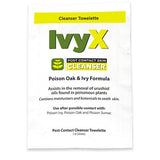 A box of Coretex IvyX Cleanser towelettes, designed for use after contact with poison oak and ivy. The packaging is white with green text, highlighting protection by removing urushiol oils. Each towelette contains moisturizers and botanicals and weighs 7.8 grams. Available as a wallmount dispenser box containing 50 towelettes (Product Code: 84661).