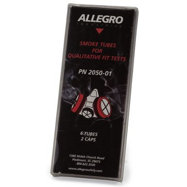 A rectangular box labeled "Allegro Replacement Smoke Tubes for Fit Tests 2050-01 (6/Box)" with a respirator illustration; includes 6 tubes, 2 caps, and company contact info at the bottom.