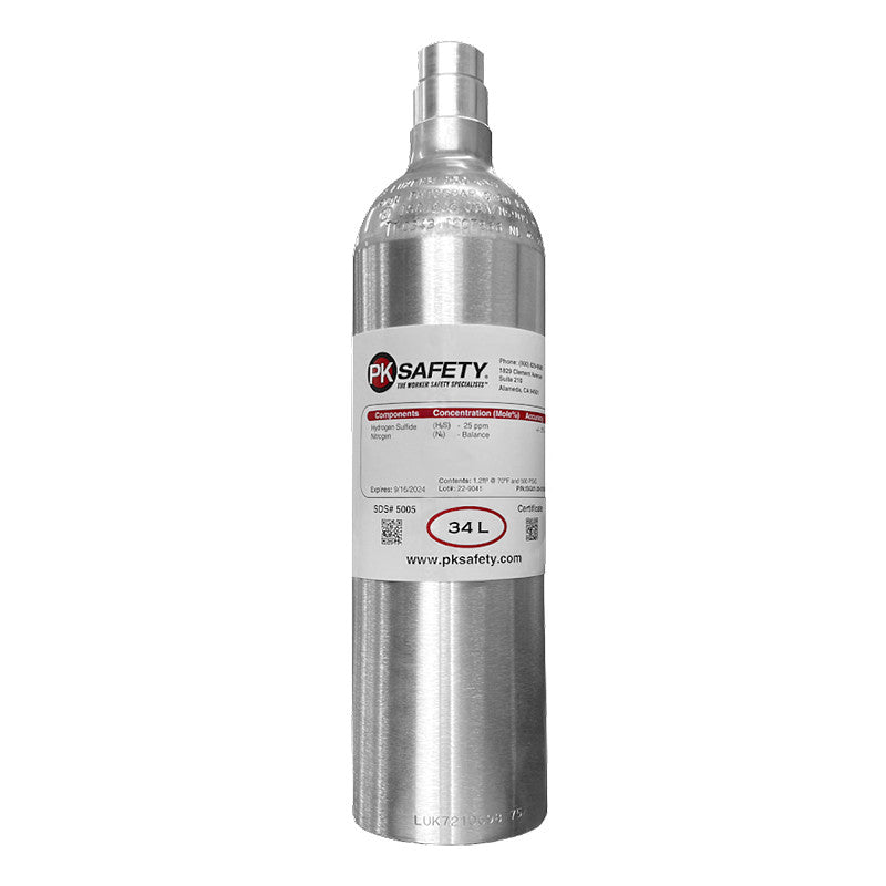 A PK Safety Calibration H2S Single Gas Cylinder 25ppm, with a capacity of 34 liters, features an aluminum body and a white label displaying its specifications. It holds an oxygen-nitrogen mixture designed specifically for calibrating hydrogen sulfide sensors with precision. The cylinder is photographed standing upright against a plain white background.