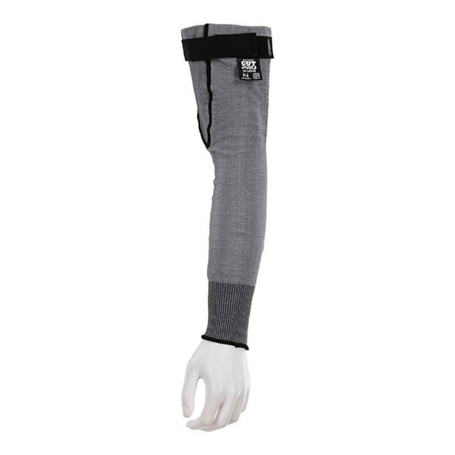 Displayed on a white mannequin hand is the MCR Safety MCR 18" 15g HyperMax Cut Pro Sleeve 92185VR, a gray, cut-resistant sleeve made with ANSI Cut Level A8 fabric. It extends from the wrist to the upper arm and includes an adjustable hook-and-loop closure, along with a small black label near the top.