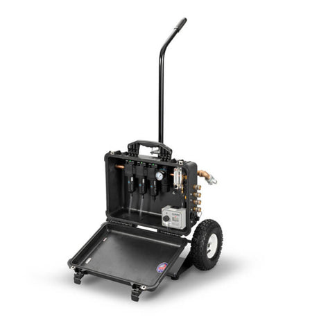 The Allegro 8-Worker Breathing Air Filtration Panel Cart 9878-EFC is a portable black case equipped with an extended handle and two large wheels for easy transportation. Inside, it features connected pipes and gauges specifically designed for a CO Monitor. The open case displays all the essential equipment clearly.