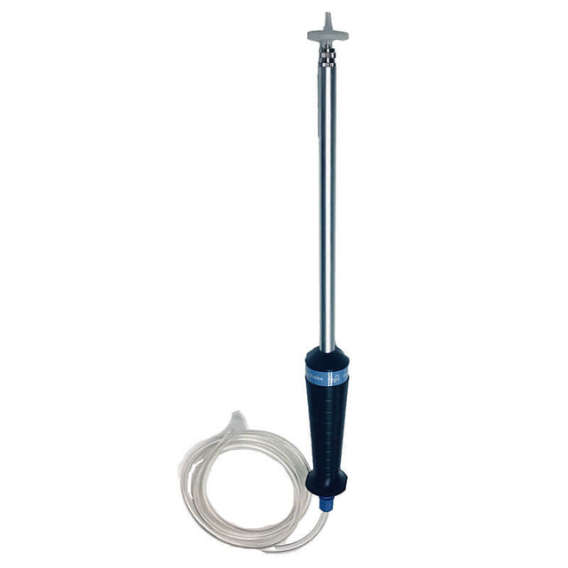 The mPower POLI MP400 Hand Probe with Tubing M070-0005-000, by mPower Electronics, boasts a sleek black handle and a long stainless steel shaft equipped with a power switch. Its blending end is easily accessible, and the coiled power cord ensures convenient use.