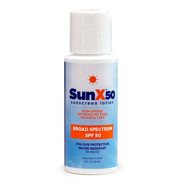 A white 2oz Coretex Sun X 50 SPF 50 sunscreen lotion bottle (61662) with a blue and orange label—broad spectrum, non-greasy, oxybenzone-free, paraben-free, water resistant; sold as 12 per case.