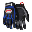 The MCR Safety Blue ForceFlex Multi-Task Gloves B100 feature blue and black design, reinforced fingers, synthetic leather palm, metacarpal protection, padded palms, adjustable wrist straps, and "Force Flex" branding on the back.