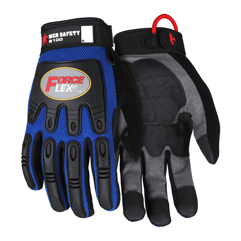 The MCR Safety Blue ForceFlex Multi-Task Gloves B100 feature blue and black design, reinforced fingers, synthetic leather palm, metacarpal protection, padded palms, adjustable wrist straps, and "Force Flex" branding on the back.