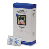 A white and blue Allegro 3001 Alcohol-Free Respirator Cleaning Wipes box shows hands wiping goggles; two individual alcohol-free wipe packets are in front, ideal for cleaning respirator facepieces and goggles.