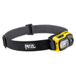 Introducing the Petzl SWIFT RL Headlamp E810AB00, a black and yellow rechargeable headlamp with an adjustable strap featuring the Petzl logo. This rugged design provides 1100 lumens, multiple light settings, and REACTIVE LIGHTING, making it ideal for outdoor activities.