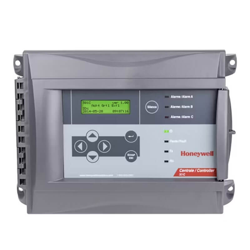 The Honeywell Analytics Gas Monitor Controller 301-C features a digital display, navigation buttons, and indicator lights within a gray casing. It offers seamless integration with its BACnet/IP interface and displays visible branding on the lower right corner.