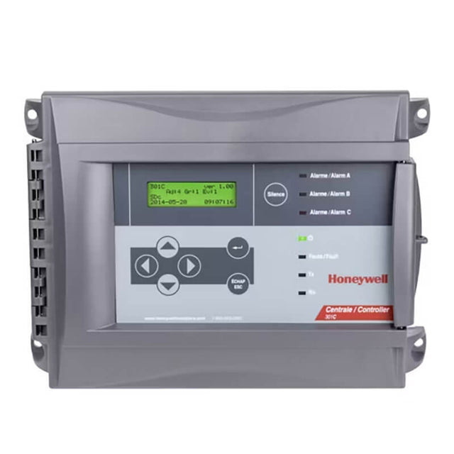The Honeywell Analytics Gas Monitor Controller 301-C features a digital display, navigation buttons, and indicator lights within a gray casing. It offers seamless integration with its BACnet/IP interface and displays visible branding on the lower right corner.