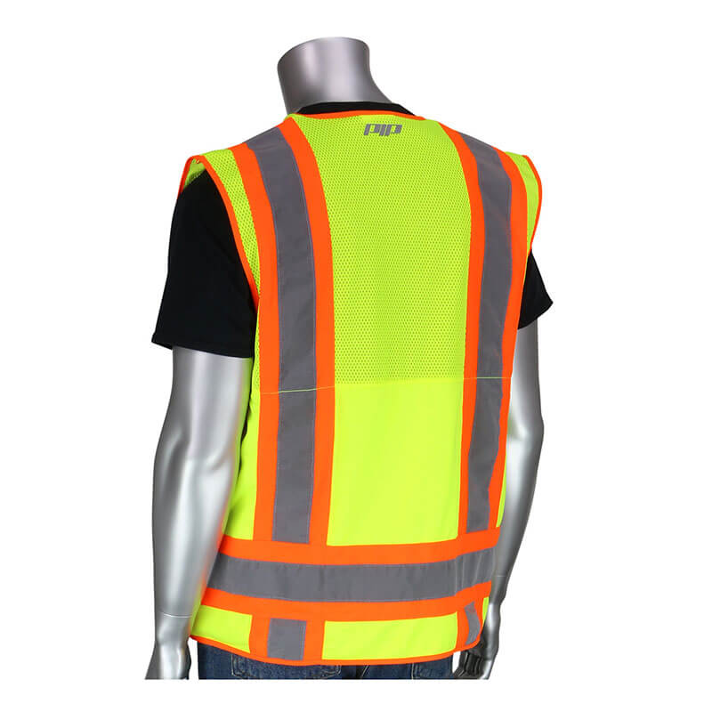 A mannequin shown from the back wears a black shirt and a PIP Hi-Vis Yellow Pocket Surveyors Tech Vest 302-0700LY with orange trim and gray reflective stripes.