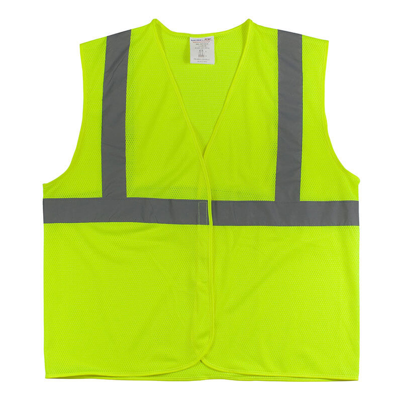 The PIP Type R Class 2 Two-Tone Value Mesh Vest 302-MVG is a bright yellow, sleeveless, high-visibility safety vest with reflective gray stripes. Open at the front for comfort, it meets ANSI Type R Class 2 standards.