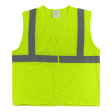 The PIP Type R Class 2 Two-Tone Value Mesh Vest 302-MVG is a bright yellow, sleeveless, high-visibility safety vest with reflective gray stripes. Open at the front for comfort, it meets ANSI Type R Class 2 standards.