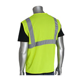 A mannequin displays the PIP Type R Class 2 Two-Tone Value Mesh Vest 302-MVG in neon yellow with reflective gray stripes over a black T-shirt, shown from behind against a white background. Brand: PIP.