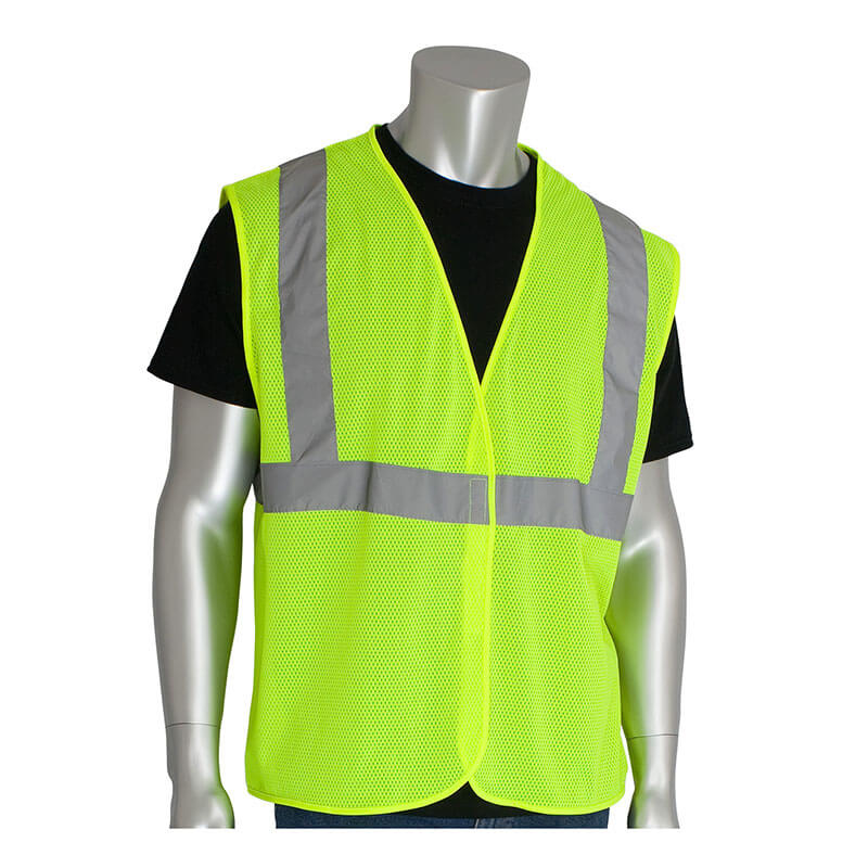 A mannequin wears the PIP Type R Class 2 Two-Tone Value Mesh Vest 302-MVG in hi-vis yellow with reflective silver stripes over a black t-shirt. This sleeveless PIP vest offers ANSI Class 2 visibility and is made of mesh fabric for safety.