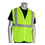 A mannequin wears the PIP Type R Class 2 Two-Tone Value Mesh Vest 302-MVG in hi-vis yellow with reflective silver stripes over a black t-shirt. This sleeveless PIP vest offers ANSI Class 2 visibility and is made of mesh fabric for safety.